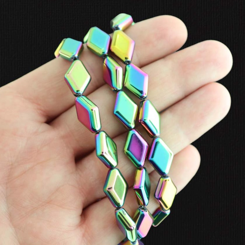 Perles de Verre Losange 15mm x 10mm - Paon Galvanisé - 1 Rang 43 Perles - BD1146