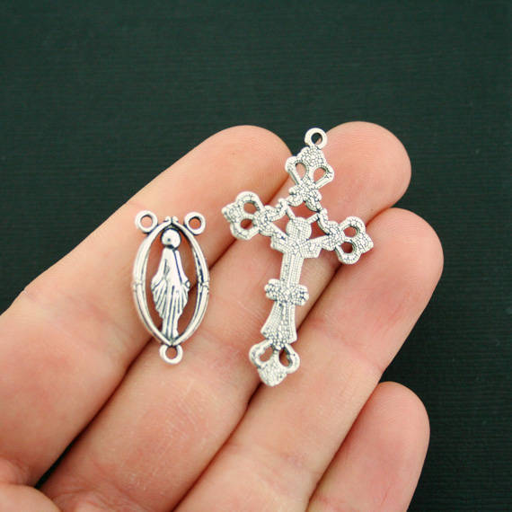 Rosary Antique Silver Tone Charms - Crucifix Cross and Virgin Mary Center - 2 Sets 4 Pieces - SC3187