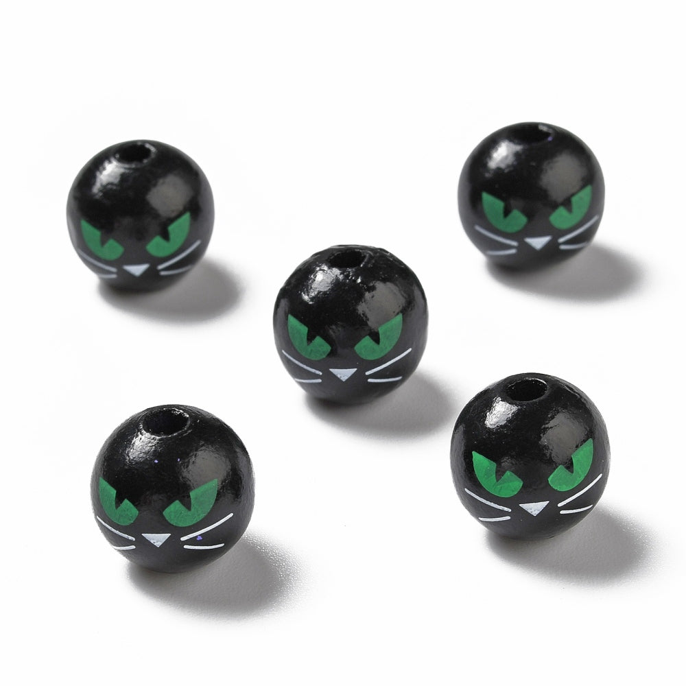 Round Wooden Beads 15mm - Black Cat - 15 Beads - BD2088