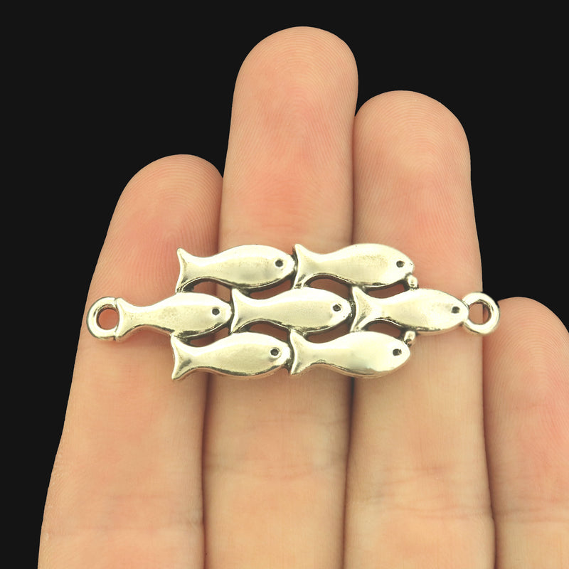 4 School of Fish Connector Antique Silver Tone Charms - SC033