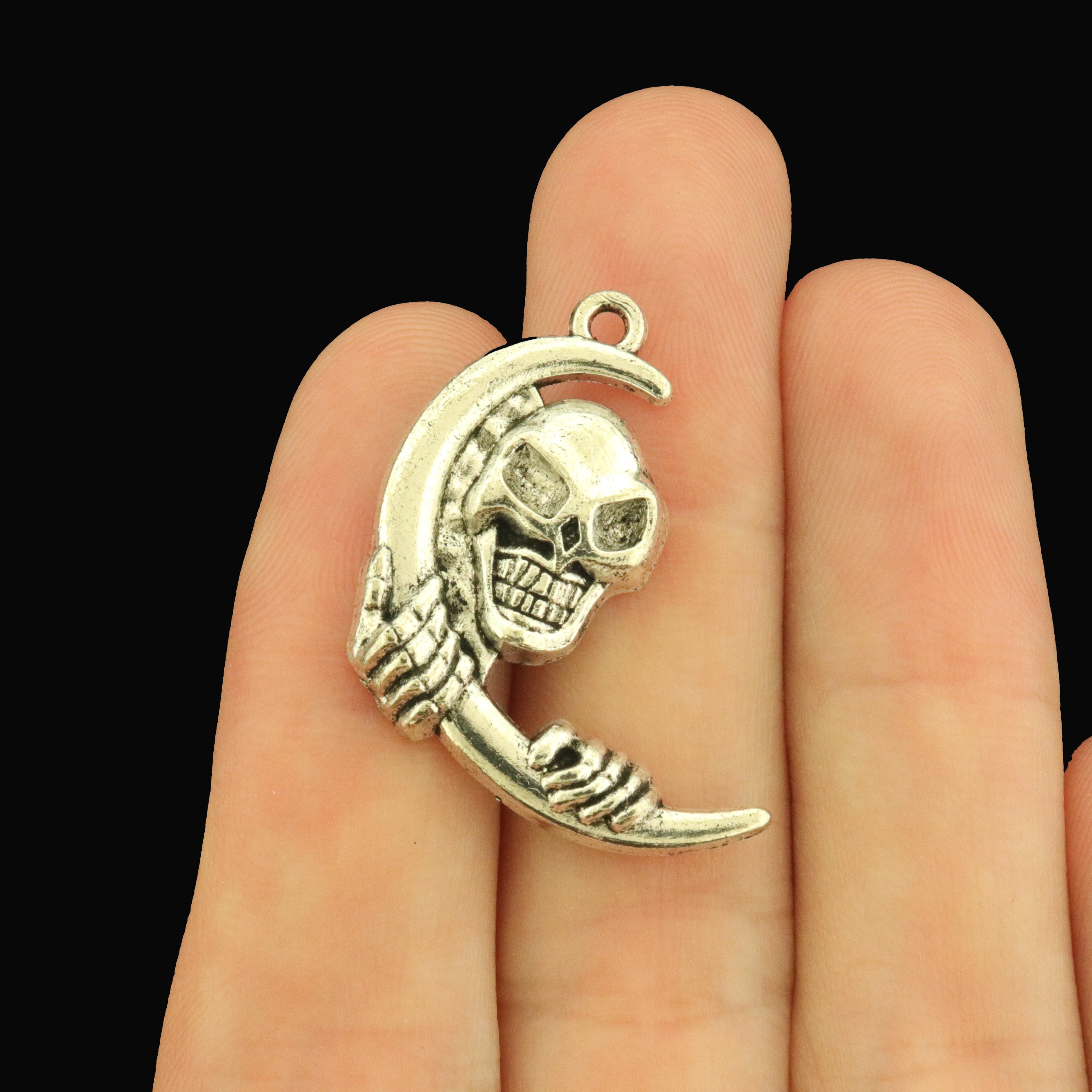 10 Crescent Moon with Smiling Skull Antique Silver Tone Charms - SC511