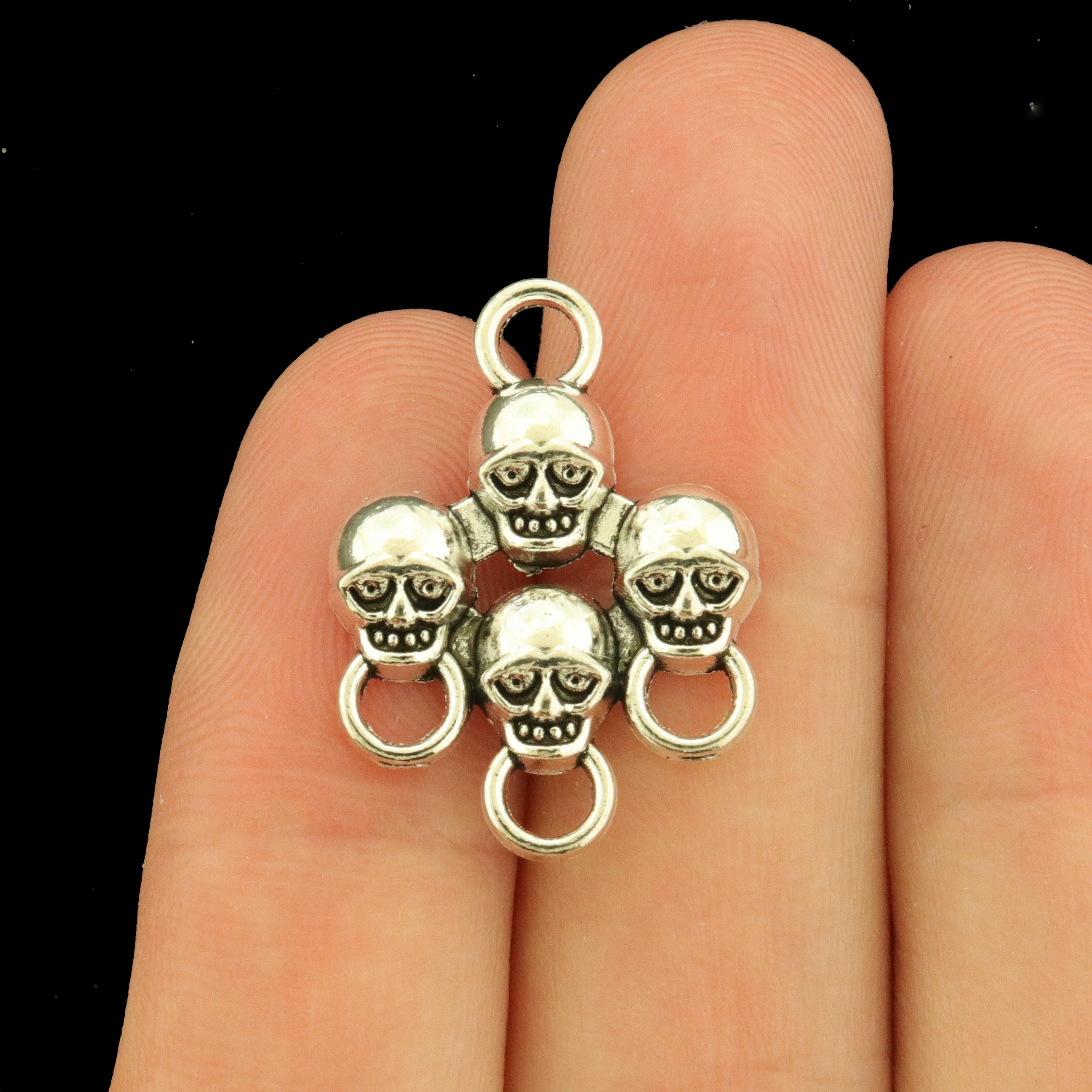 12 Skull Face Chandelier Connector Antique Silver Tone Charms - SC529