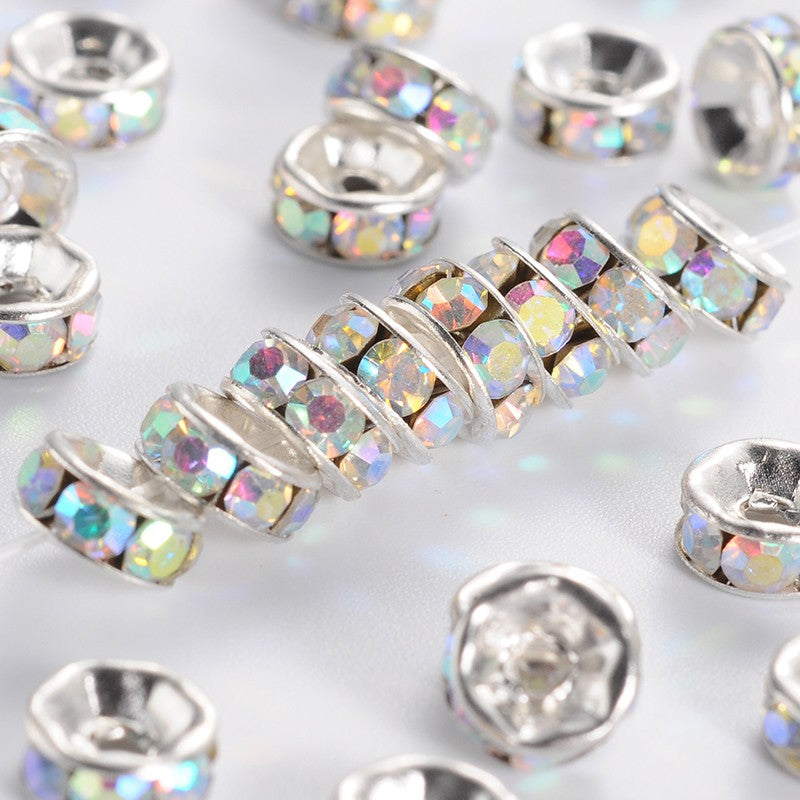 40 Rondelle 6mm Spacer Beads with Inset Rhinestones - Grade A - Choose Your Color!