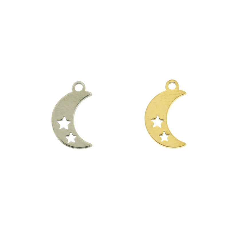 2 Crescent Moon with Stars Stainless Steel Charms 2 Sided - Choose Your Tone