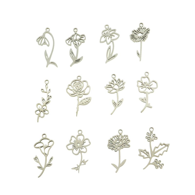 Birth Month Flower Stainless Steel Charms - Choose Your Month & Tone