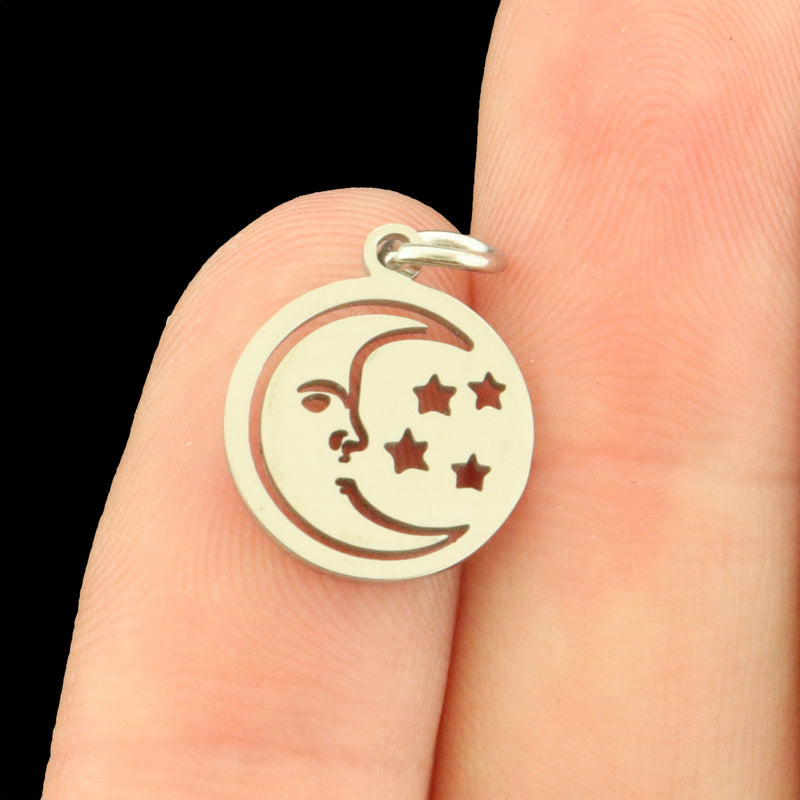 2 Moon and Stars Stainless Steel Charms 2 Sided - Choose Your Tone!