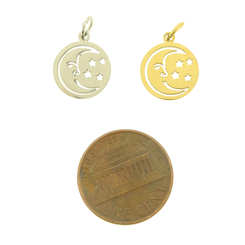 2 Moon and Stars Stainless Steel Charms 2 Sided - Choose Your Tone!