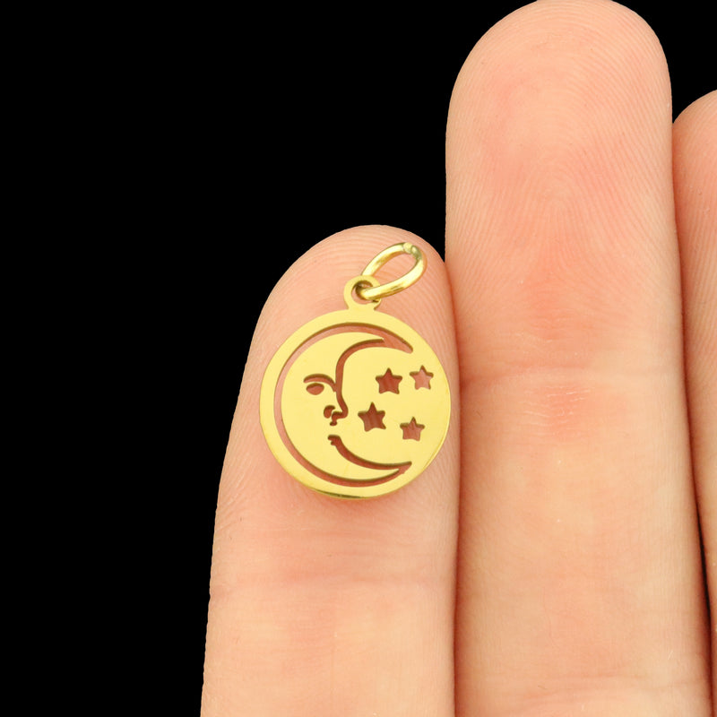2 Moon and Stars Stainless Steel Charms 2 Sided - Choose Your Tone!