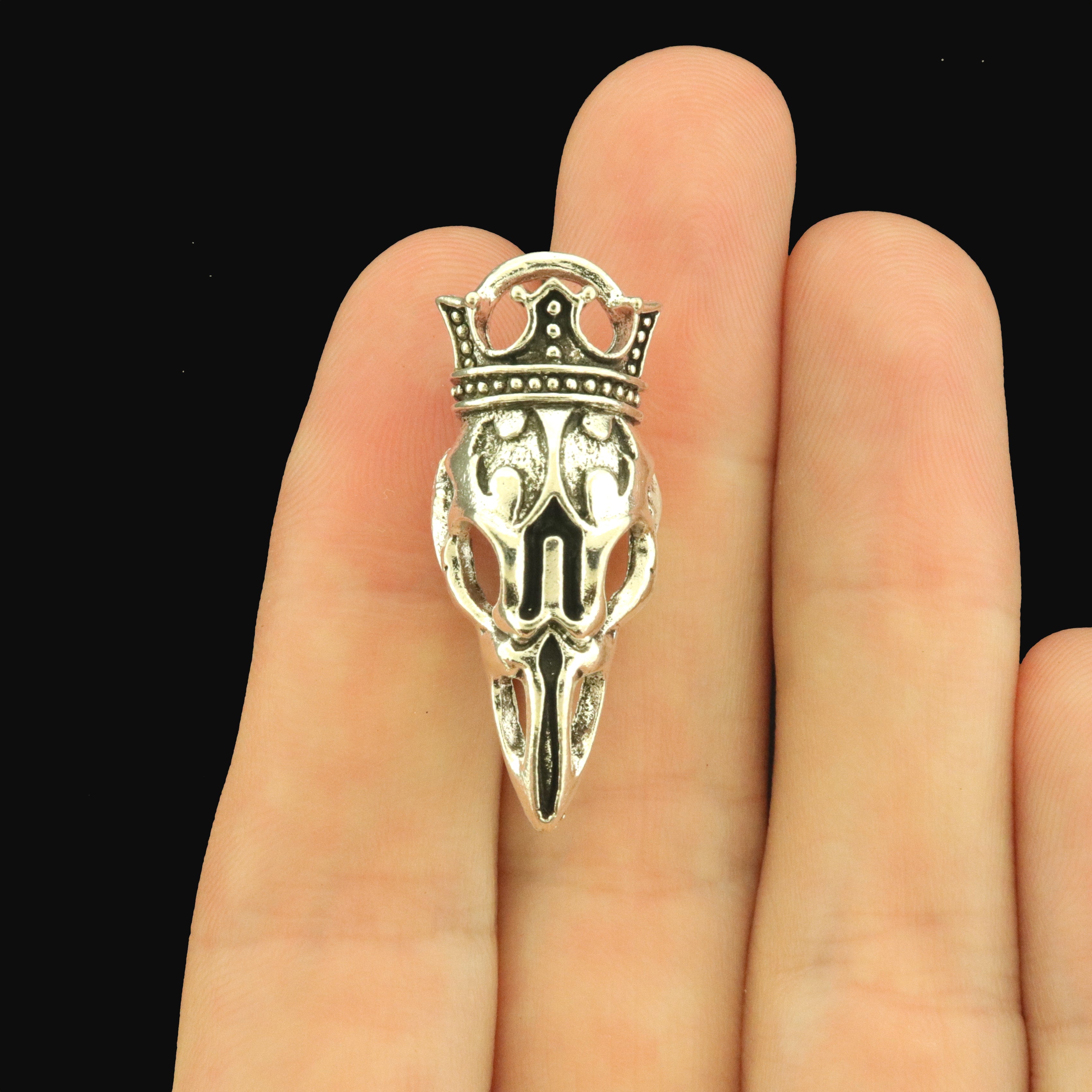 6 Bird Skull with Crown 3D Antique Silver Tone Charms - SC501