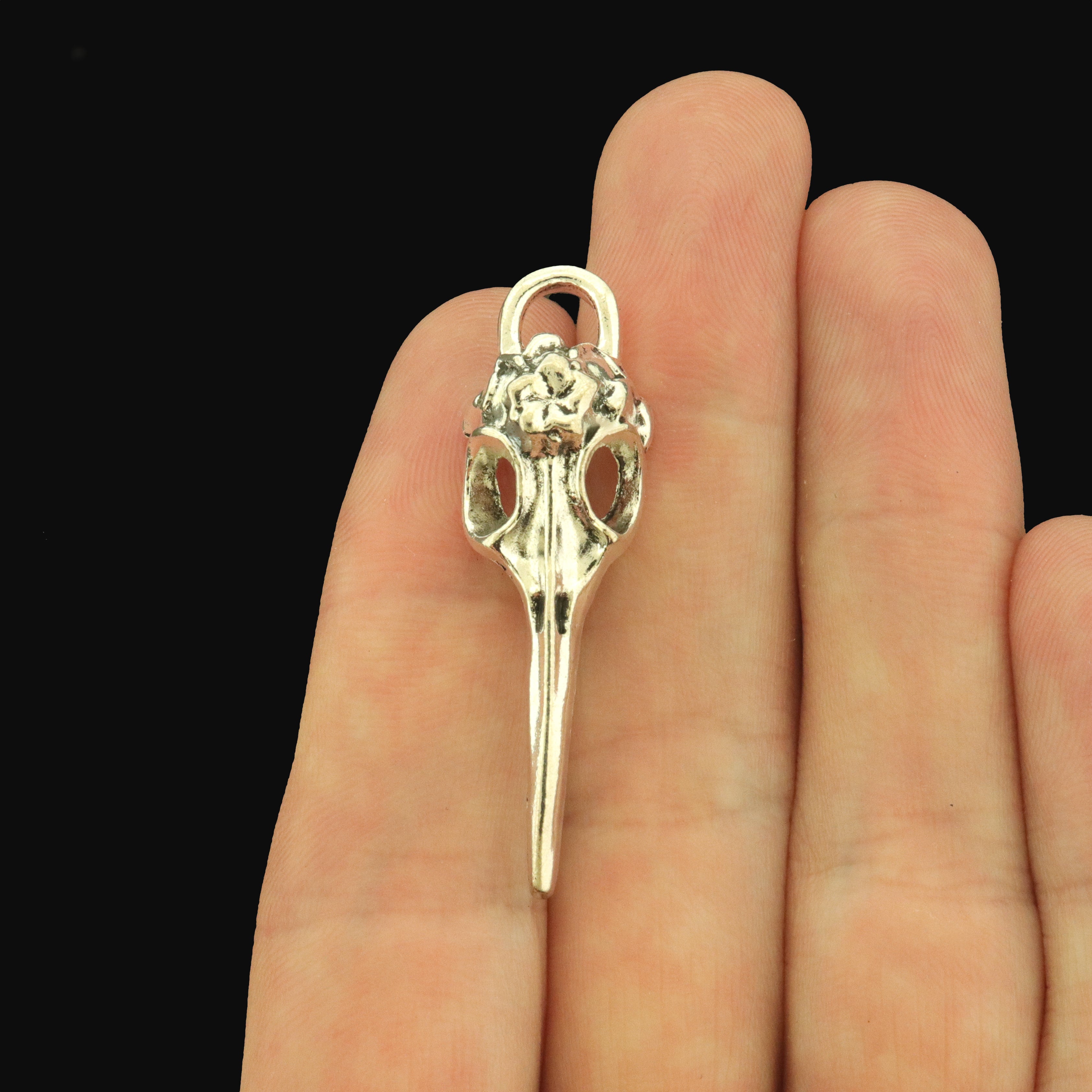 6 Bird Skull 3D Antique Silver Tone Charms - SC505