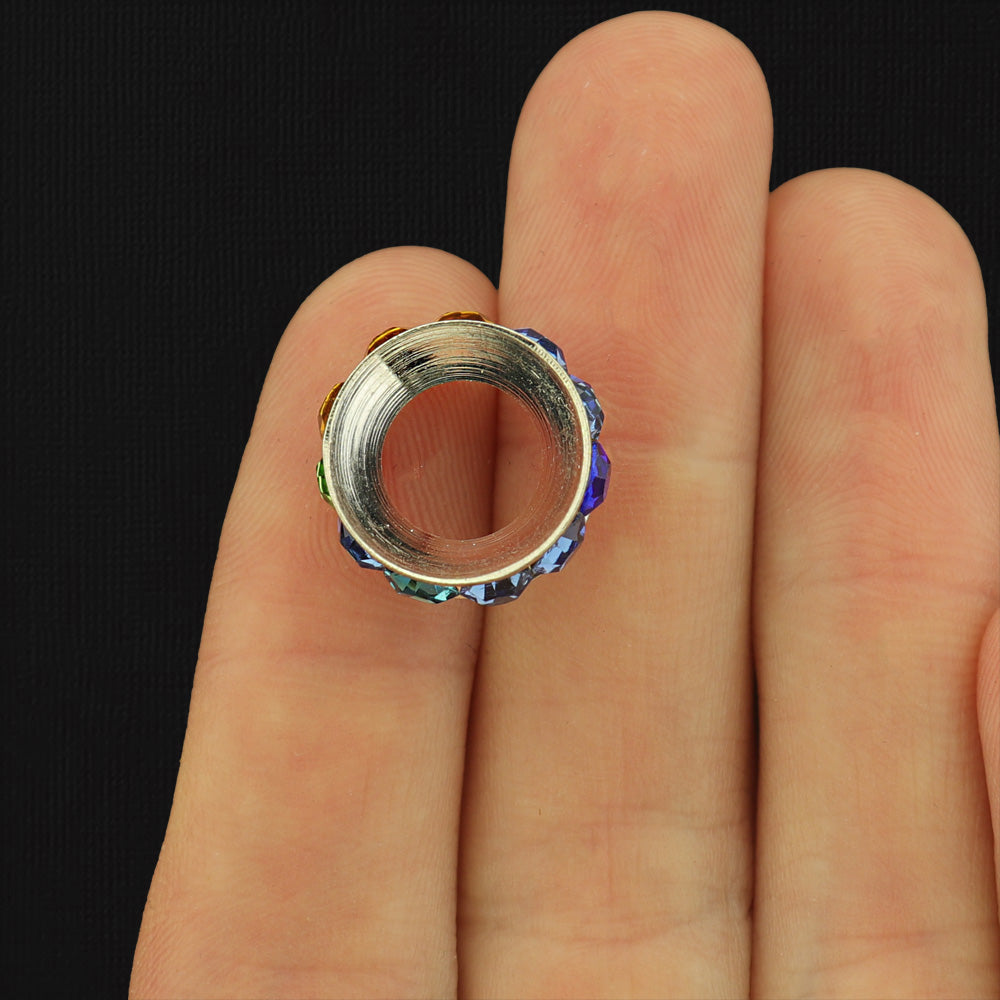 Spacer Metal Beads 15mm - Silver Tone with Inset Multi-Color Rhinestones - 4 Beads - SC1152