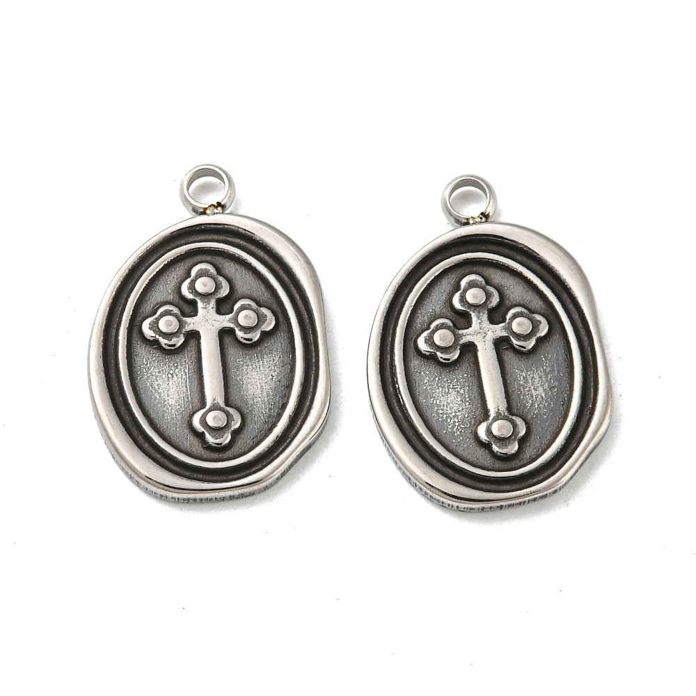 Stainless Steel Cross Charm - Antique Accents - Flat Round Wax Seal Design