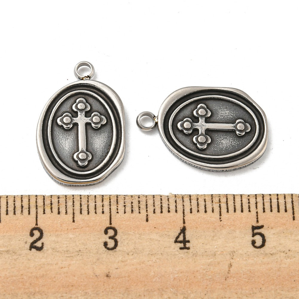 Stainless Steel Cross Charm - Antique Accents - Flat Round Wax Seal Design