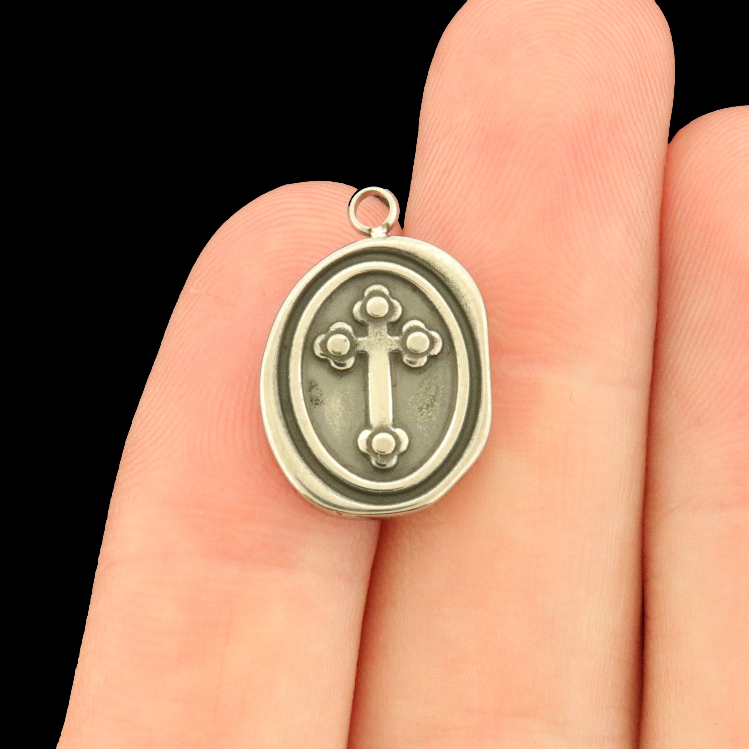 Stainless Steel Cross Charm - Antique Accents - Flat Round Wax Seal Design