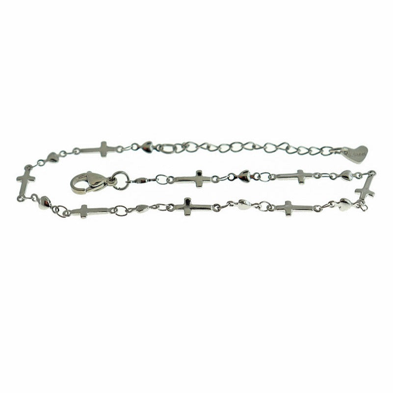 Stainless Steel Cross Heart Bracelets - 11" + Extender - Choose Your Color & Quantity!
