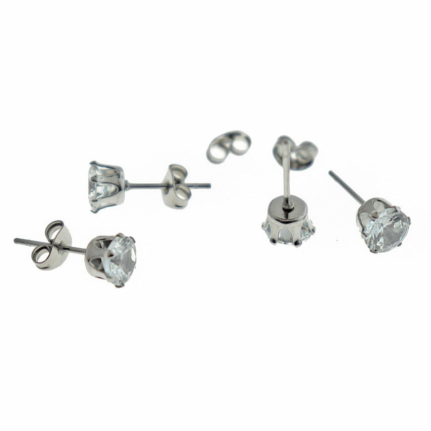 Stainless Steel Earrings - Cubic Zirconia Studs - 1 Pair - Choose Your Size!