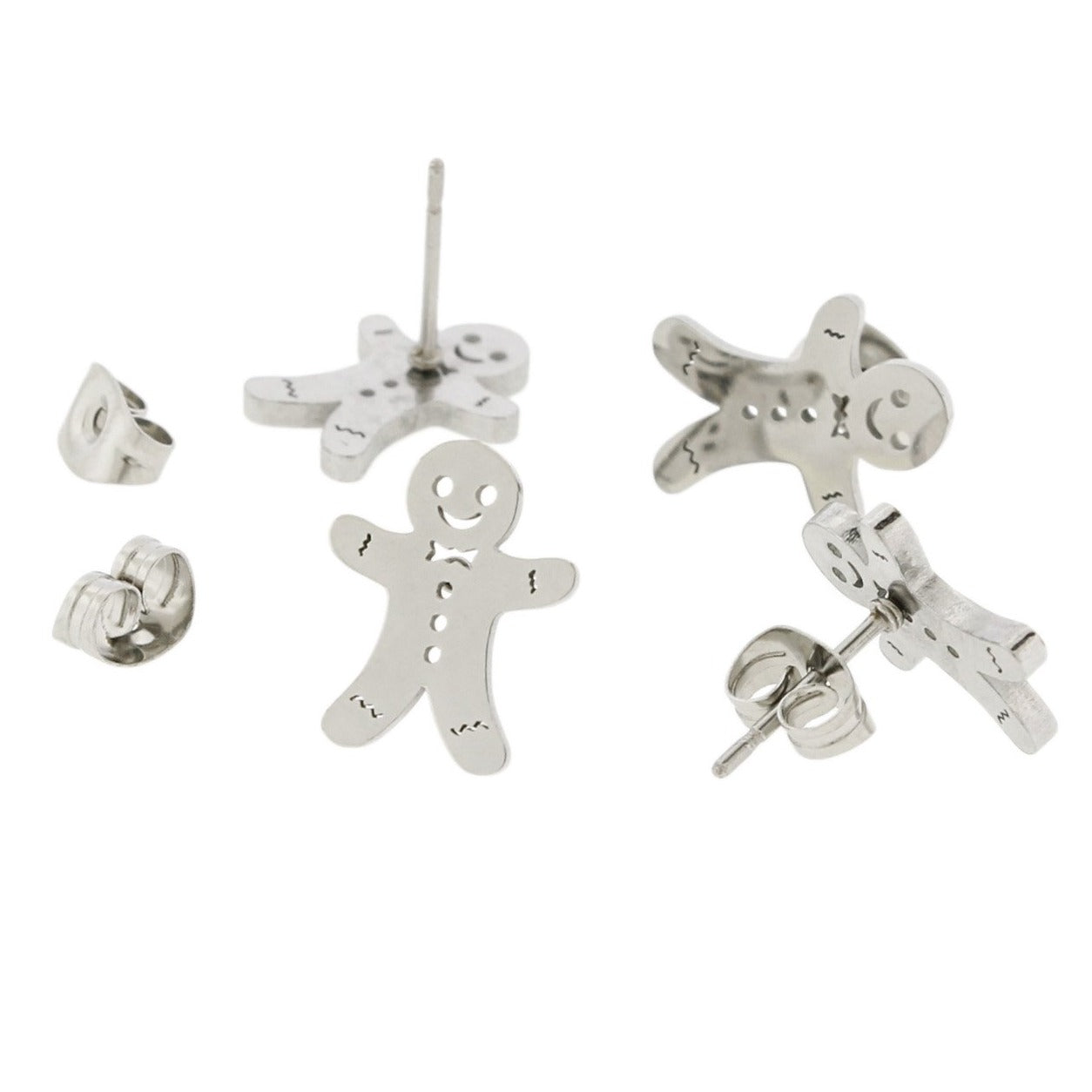 Stainless Steel Earrings - Gingerbread Man Studs - 13mm x 11mm - 1 Pair - Choose Your Tone!