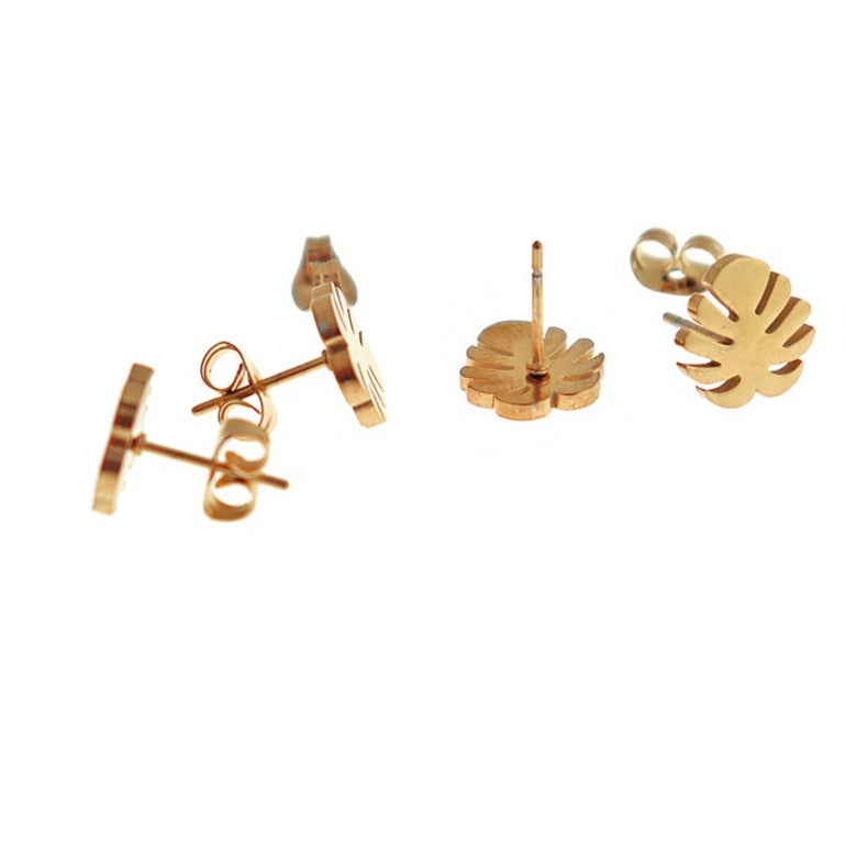 Stainless Steel Earrings - Tropical Leaf Studs - 8mm - 1 Pair - Choose Your Tone!