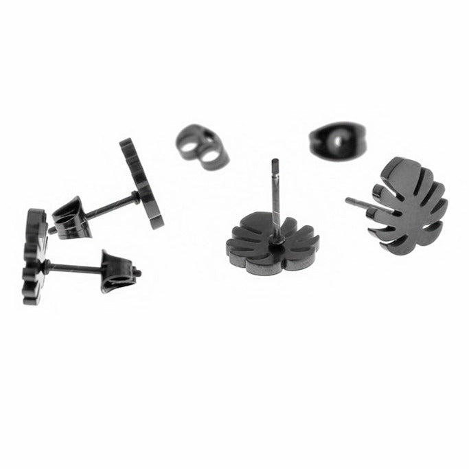 Stainless Steel Earrings - Tropical Leaf Studs - 8mm - 1 Pair - Choose Your Tone!