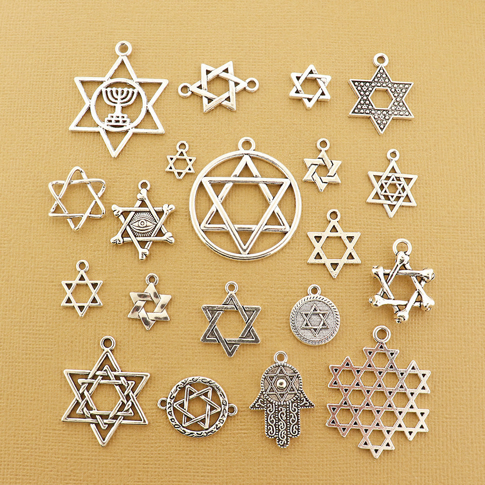 Star of David Charm Collection Antique Silver Tone 20 Different Charms - COL392H