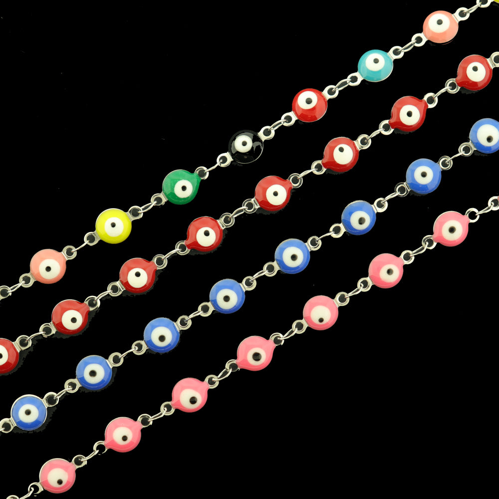 Titanium Steel Evil Eye Chain Bracelet 6" Plus Extender - 6mm - Enamel - Choose Your Color