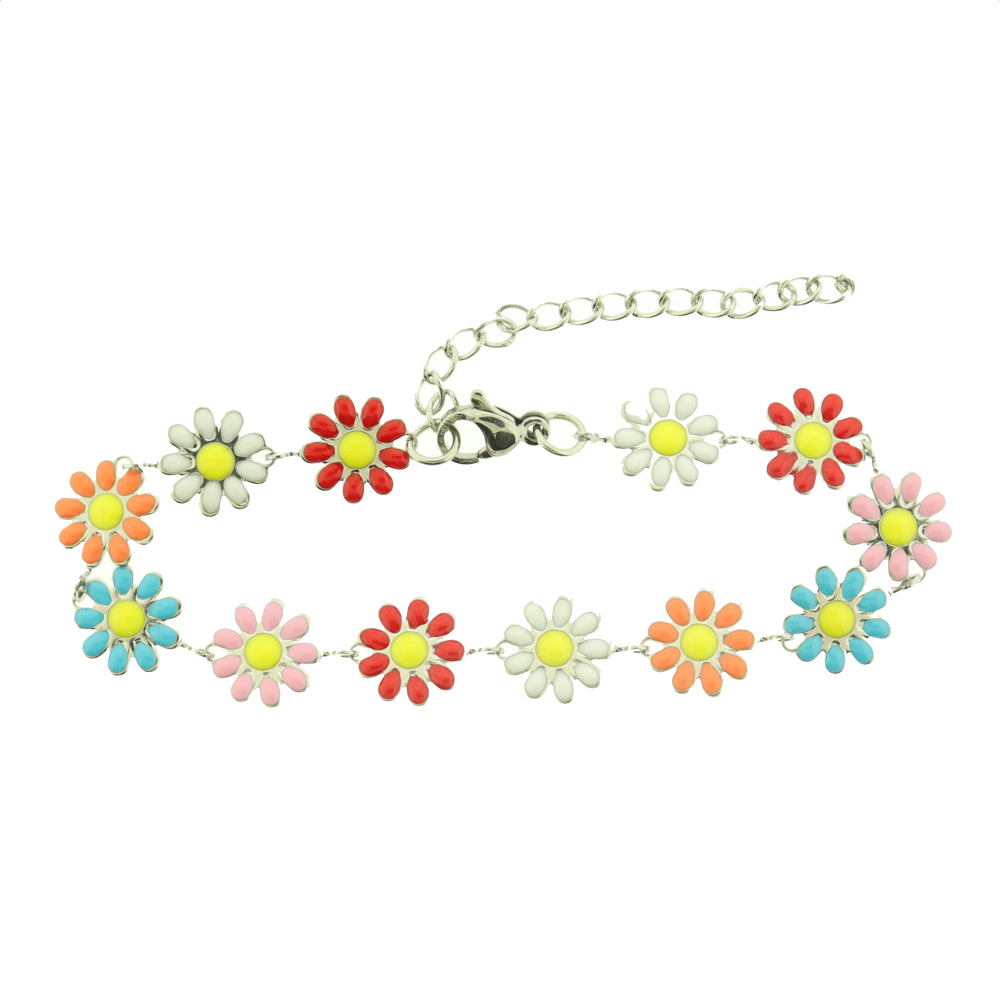Titanium Steel Flower Chain Bracelet 6" Plus Extender - 10mm - Enamel - Choose Your Color