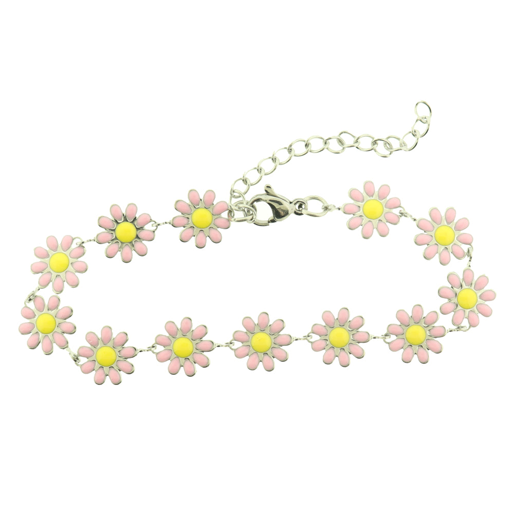 Titanium Steel Flower Chain Bracelet 6" Plus Extender - 10mm - Enamel - Choose Your Color