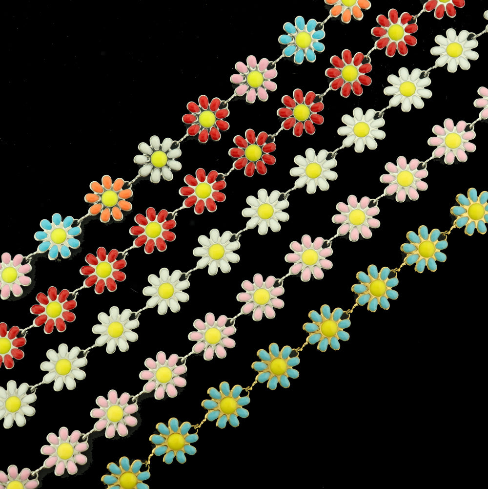 Titanium Steel Flower Chain Bracelet 6" Plus Extender - 10mm - Enamel - Choose Your Color