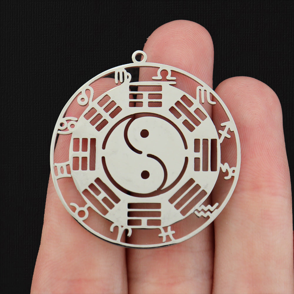 Yin Yang Bagua Diagram Silver Tone Stainless Steel Charm - SSP070