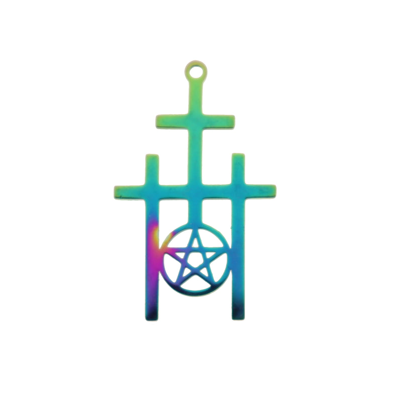 Triple Cross with Pentagram Rainbow Electroplated Stainless Steel Charm - SSP053