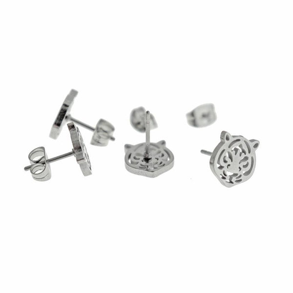 Stainless Steel Earrings - Tiger Studs - 9mm x 9mm - 1 Pair - Choose Your Tone!