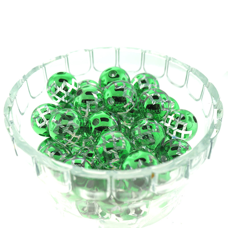 SALE Round Acrylic Beads 20mm - Clear with Metallic Green - 10 Beads - LBD1910