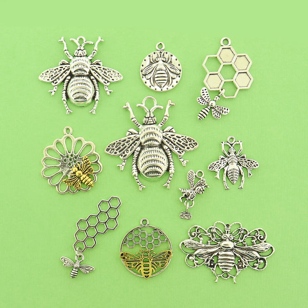 Bee Charm Collection Antique Silver Tone 10 Different Charms - COL399H