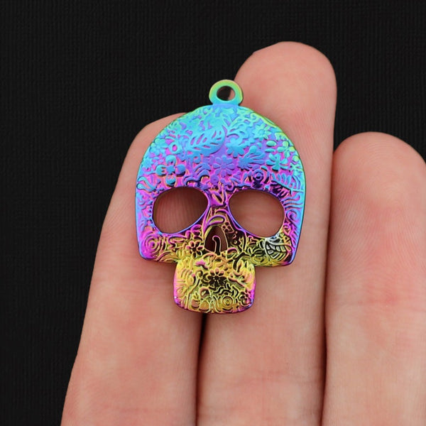 Floral Pattern Skull Rainbow Electroplated Stainless Steel Charm - SSP047