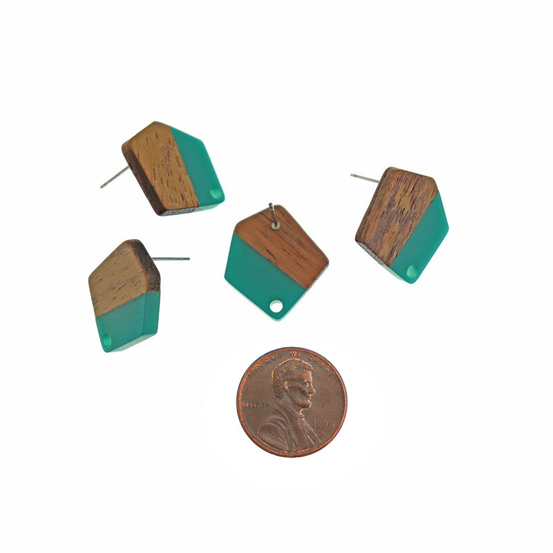 Wood Stainless Steel Earrings - Teal Resin Polygon Studs - 20.5mm x 18.5mm - 2 Pieces 1 Pair - ER721