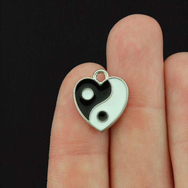 2 Yin Yang Heart Silver Tone Enamel Charms - E225