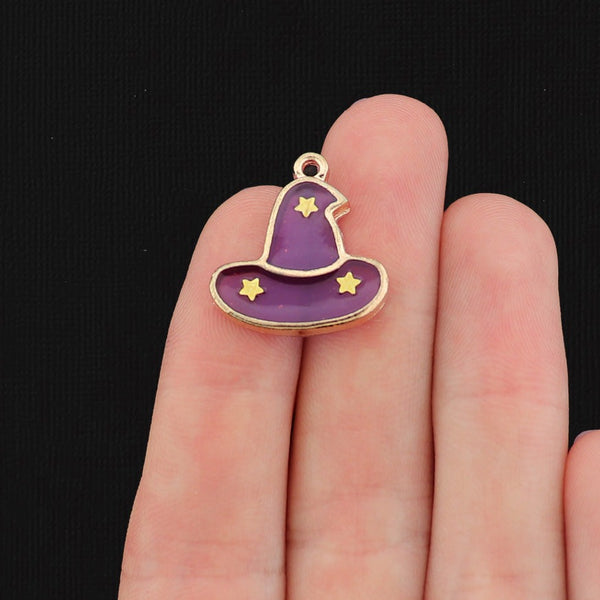 4 Purple Witch Hat Gold Enamel Charms - E095