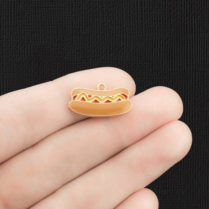 4 Hot Dog Gold Tone Enamel Charms - E1237