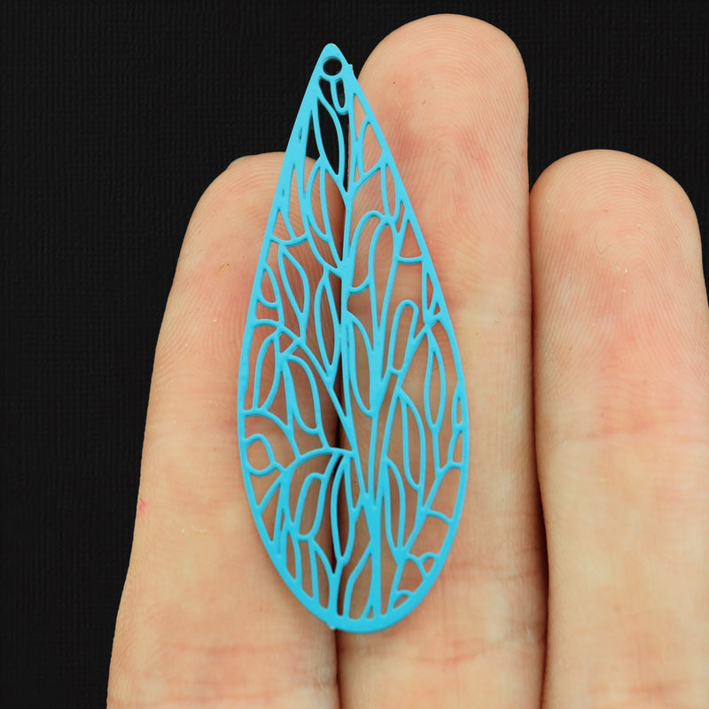 4 Filigree Teardrop Blue Enamel Copper Charms 2 Sided - E1249
