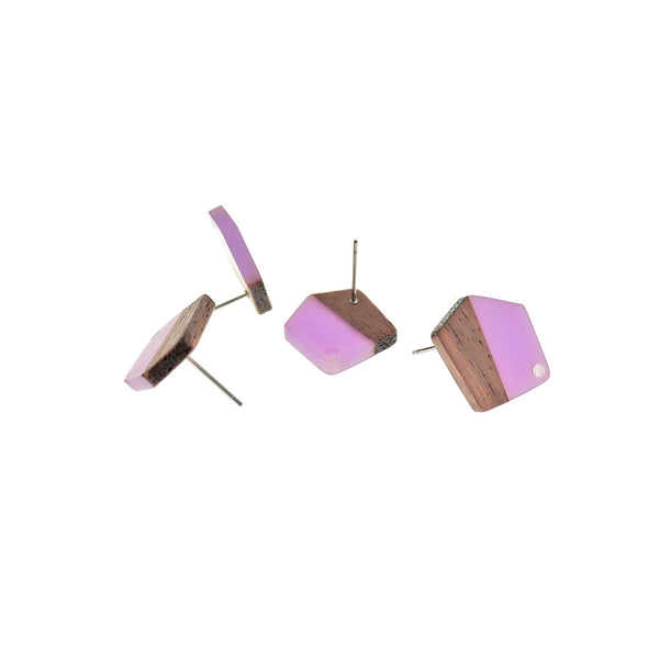 Wood Stainless Steel Earrings - Purple Resin Polygon Studs - 20.5mm x 18.5mm - 2 Pieces 1 Pair - ER713