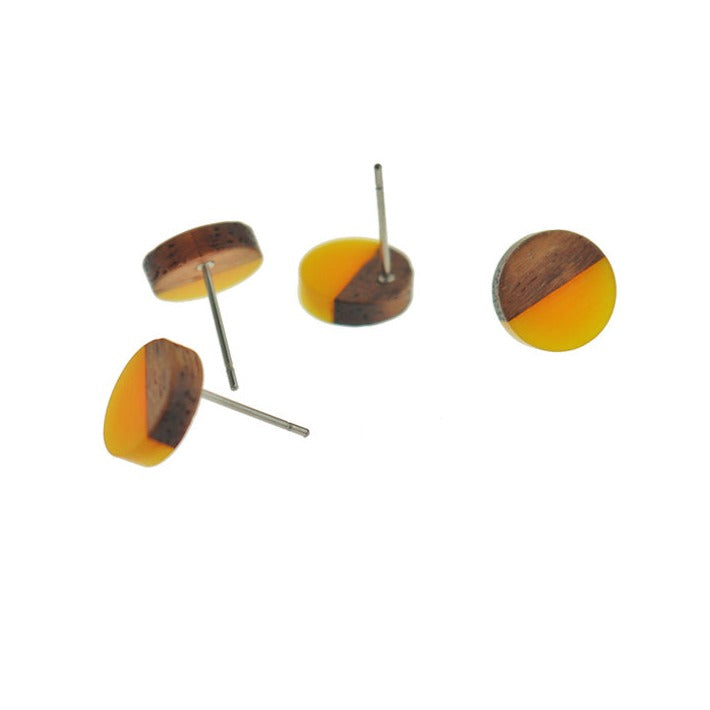 Boucles d'Oreilles Bois Acier Inoxydable - Clous Ronds Résine Rose - 15mm - 2 Pièces 1 Paire - ER109