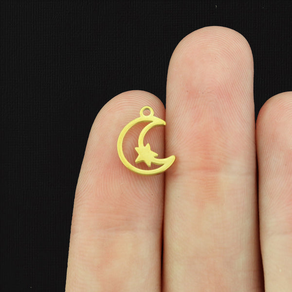 2 Crescent Moon Star Gold Tone Stainless Steel Charms 2 Sided - SSP086