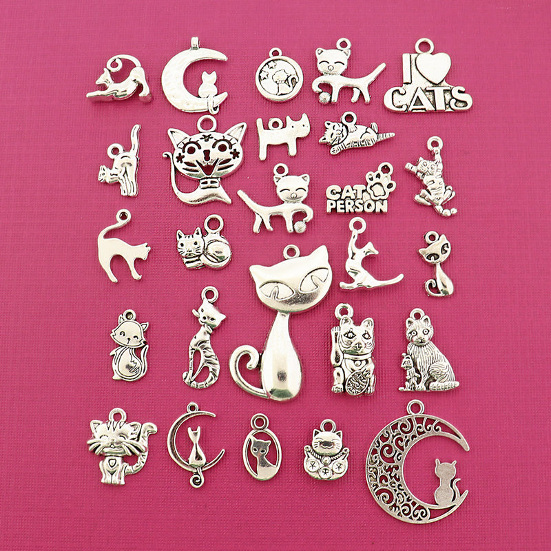 Cat Lover Charm Collection Antique Silver Tone 27 Different Charms - COL396H