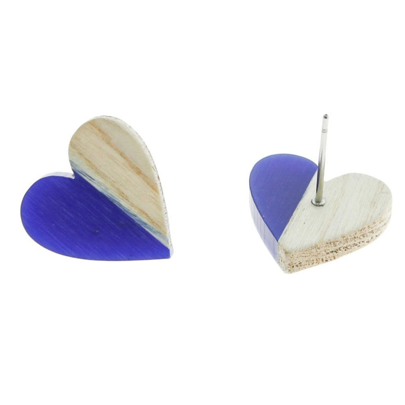 Boucles d'Oreilles Bois Acier Inoxydable - Clous Coeur Résine Rouge - 15mm x 14mm - 2 Pièces 1 Paire - ER133