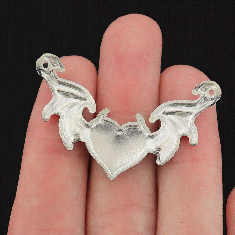 4 Devil Wing Heart Silver Tone Enamel Connector Charms - E077