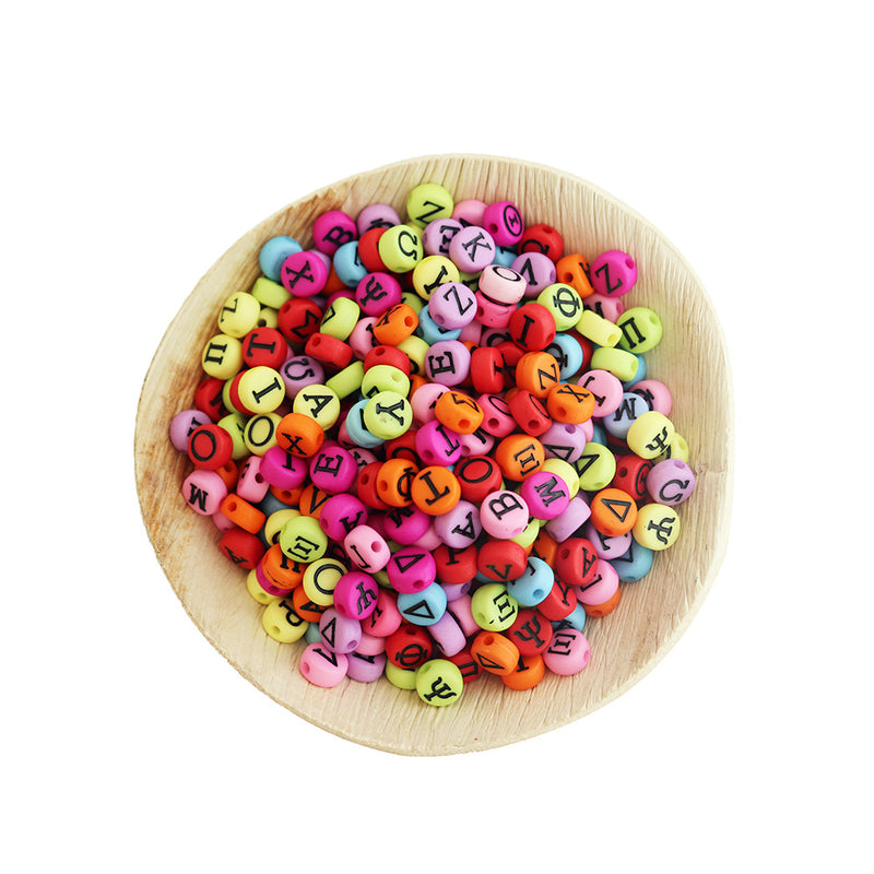 200 Flat Round Acrylic Beads - Assorted Greek Alphabet - 7mm - Choose Your Color!