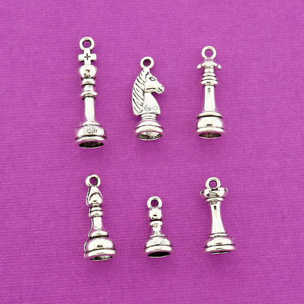 Chess Charm Collection Antique Silver Tone 6 Charms - COL228H