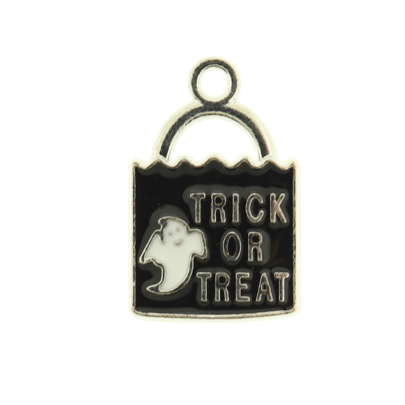 4 Trick Or Treat Treat Bag Silver Tone Enamel Charms - E133