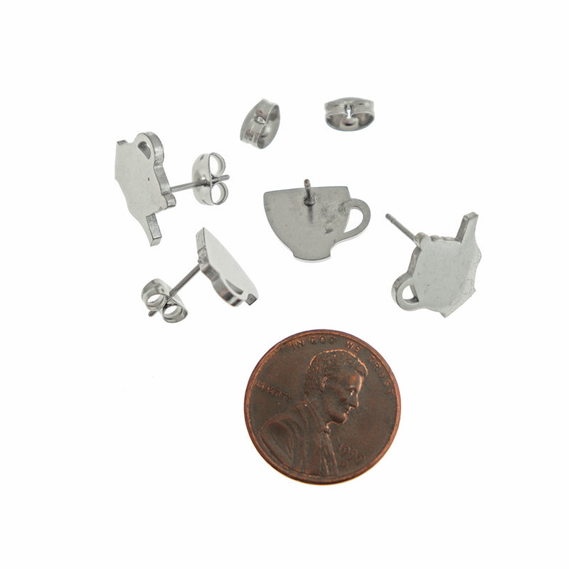Stainless Steel Earrings - Teapot and Cup Studs - 14mm x 12mm & 9mm x 13mm - 2 Pieces 1 Pair - ER827