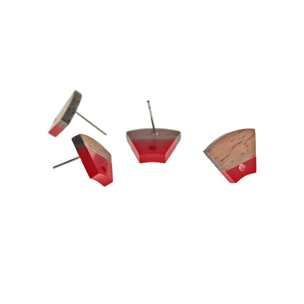 Wood Stainless Steel Earrings - Red Resin Trapezoid Studs - 15mm x 12.5mm - 2 Pieces 1 Pair - ER755